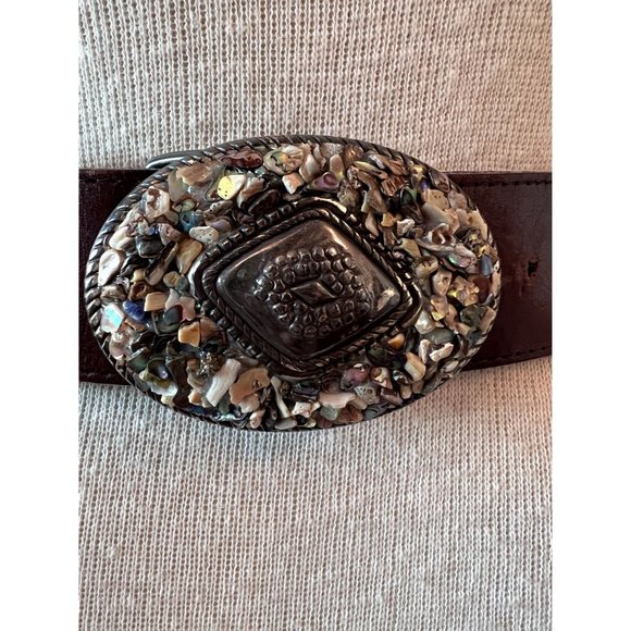 Avignon Designer Brown Leather Belt Silver Belt Buckle Rock Mosaic Design / Cowb - Picture 2 of 9